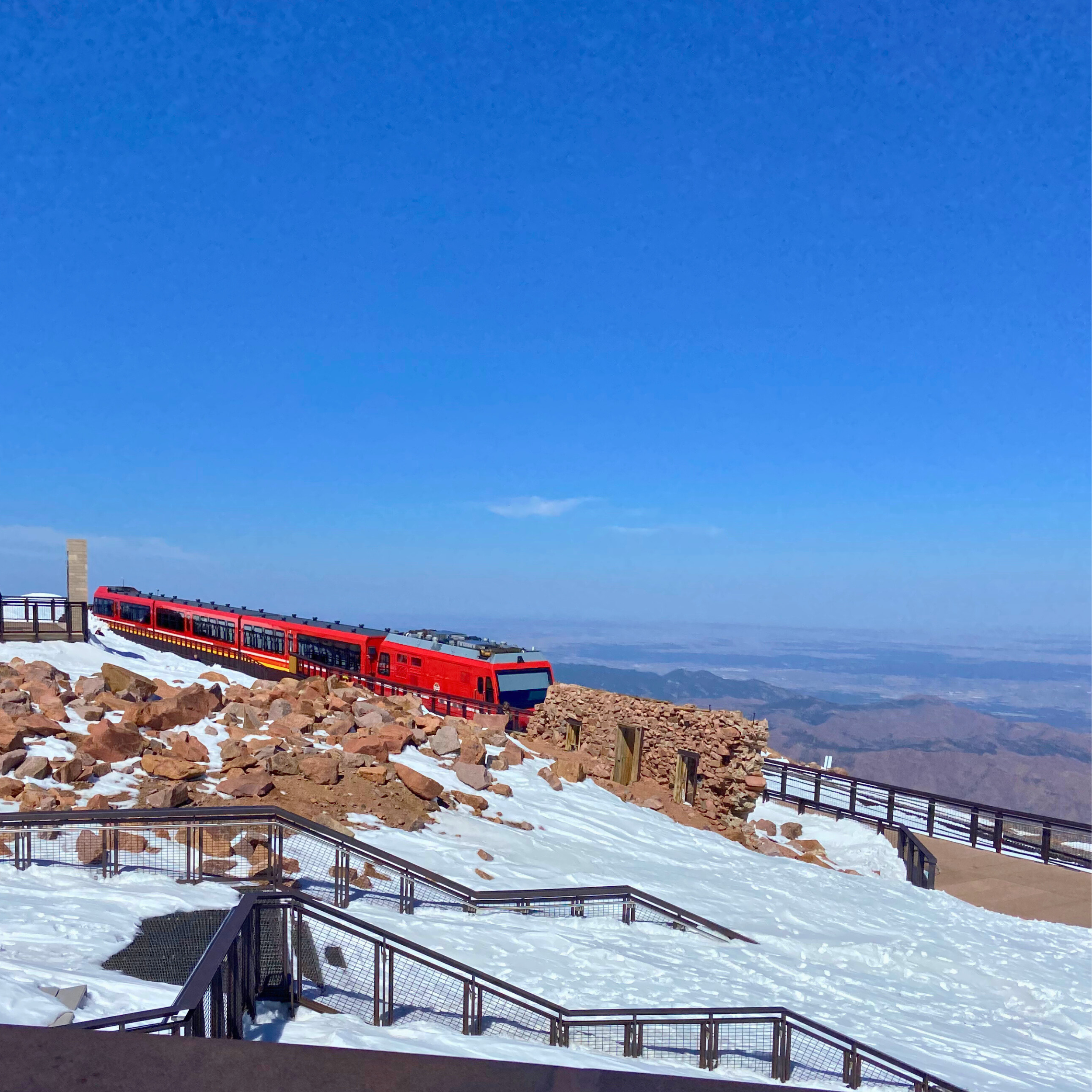 The Pikes Peak Cog Railway at the top of Pikes Peak - part of a Colorado Springs weekend trip.